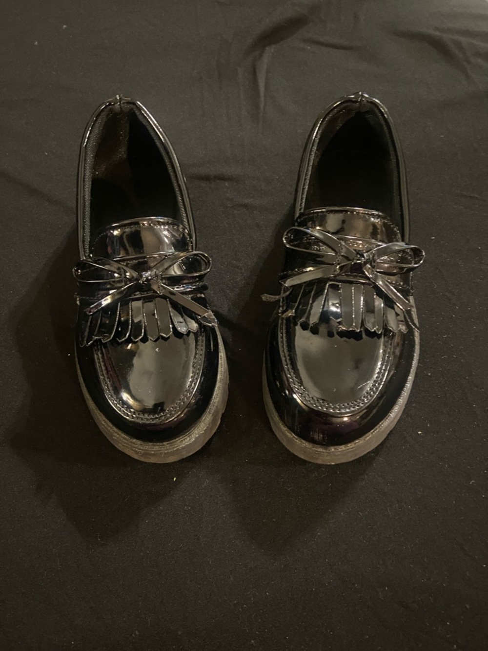 Girls Black Patent Fringe Loafers with Bow Accent